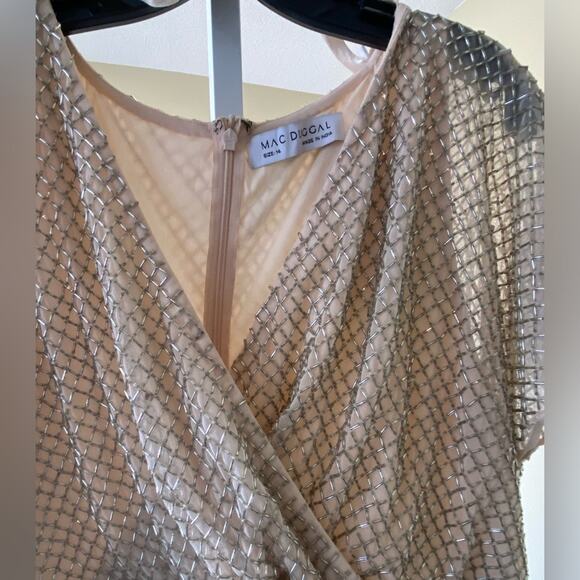 Mac Duggal NWT Beaded Butterfly Sleeve Column Gown in Nude Silver Sz 14 - Picture 5 of 12